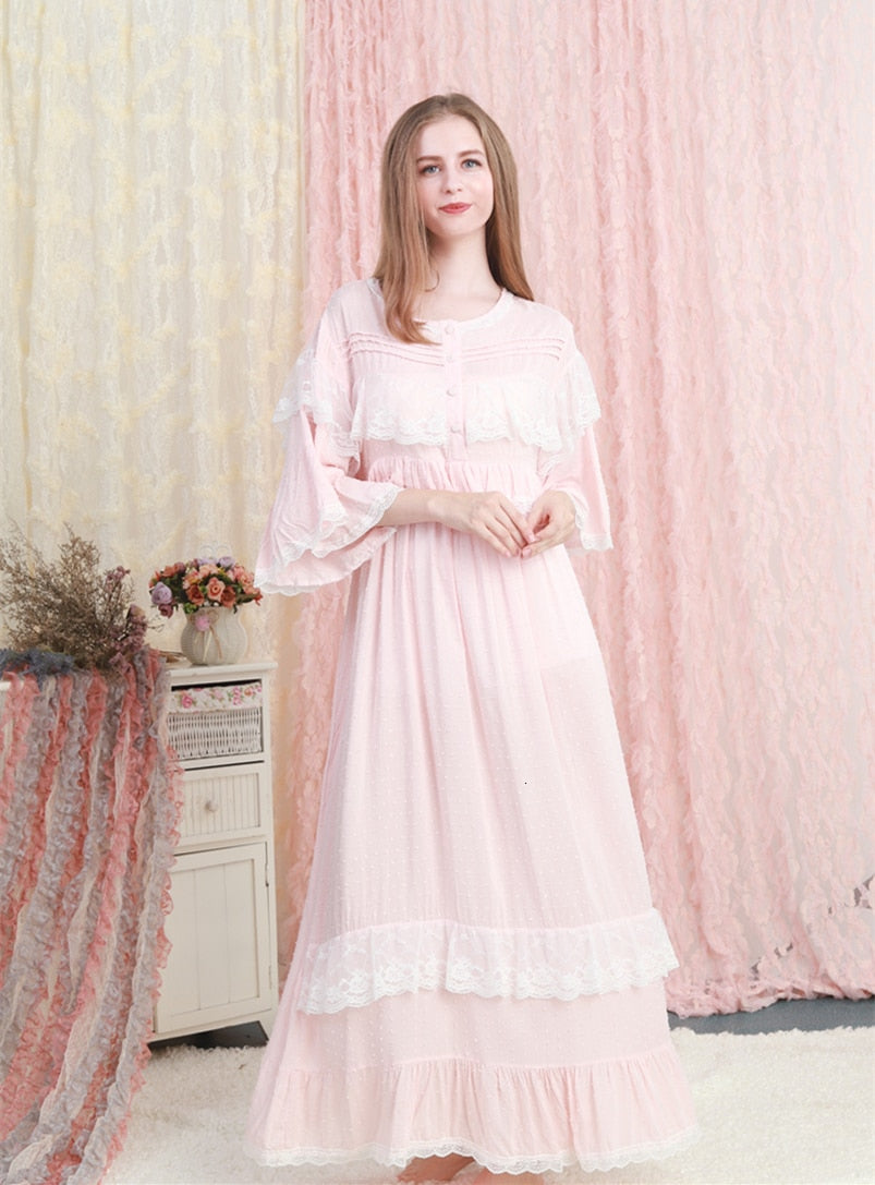 STJDM Nightgown,Cotton Women Lace Sexy French Retro Court Style Nightdress  Long Sleeves Sweet Loose Princess S Style2White